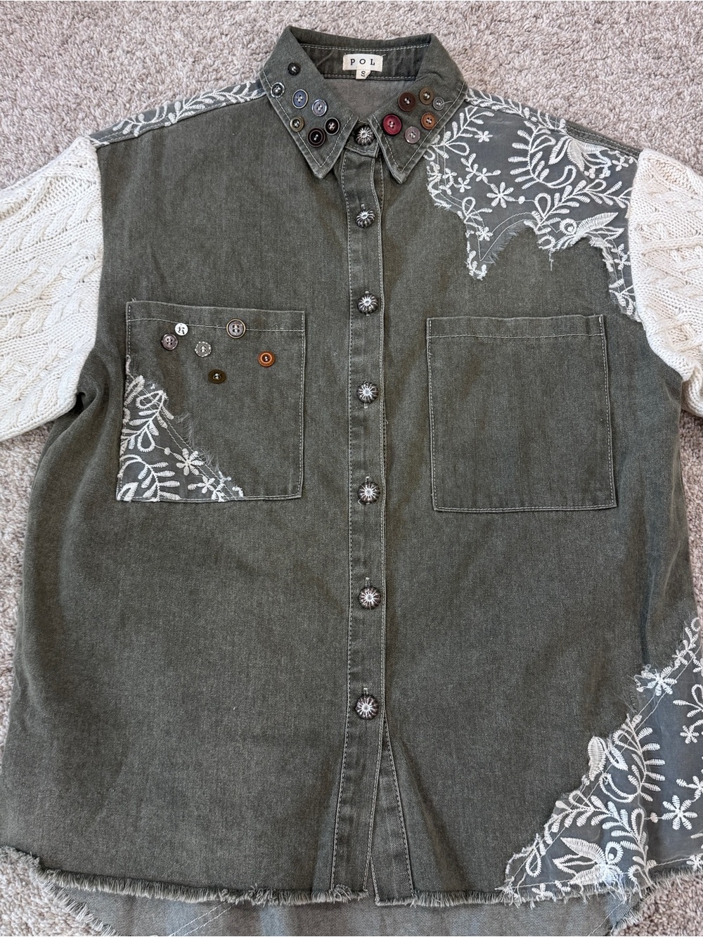 POL NWOT Olive Embroidered Patchwork Cable Knit Sleeve Shacket S - Picture 7 of 12